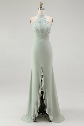 Dusty Sage Chiffon Halter Mermaid Long Bridesmaid Dress with Slit