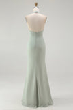 Dusty Sage Sheath Chiffon Halter Long Bridesmaid Dress with Slit