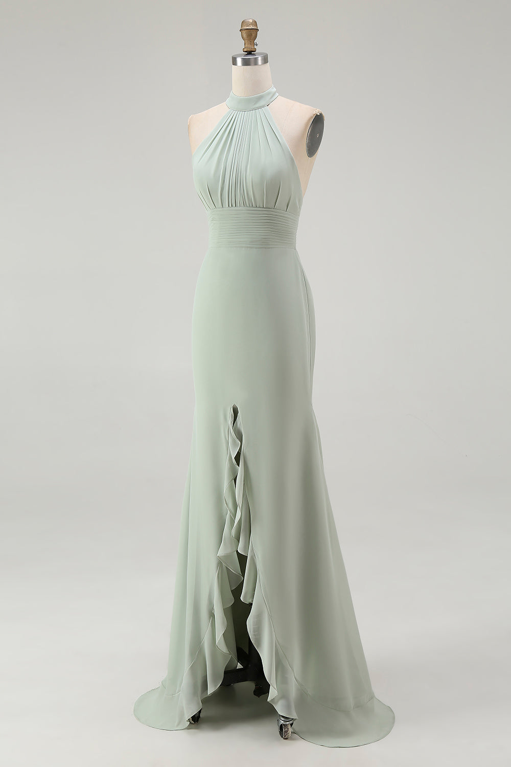 Dusty Sage Chiffon Halter Mermaid Long Bridesmaid Dress with Slit