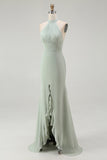Dusty Sage Chiffon Halter Mermaid Long Bridesmaid Dress with Slit