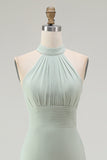 Dusty Sage Chiffon Halter Mermaid Long Bridesmaid Dress with Slit