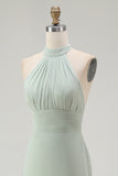 Dusty Sage Chiffon Halter Mermaid Long Bridesmaid Dress with Slit