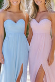 Sweetheart Sky Blue A Line Chiffon Long Bridesmaid Dress with Slit