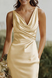 Satin Daffodil Sheath V-Neck Long Bridesmaid Dress