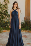 Navy A Line Chiffon Halter Long Bridesmaid Dress with Pleated
