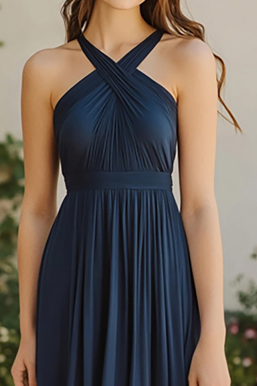 Navy A Line Chiffon Halter Long Bridesmaid Dress with Pleated