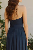 Navy A Line Chiffon Halter Long Bridesmaid Dress with Pleated