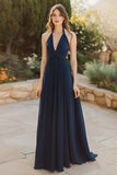 Navy A Line Ruched Long Chiffon Bridesmaid Dress
