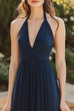 Navy A Line Ruched Long Chiffon Bridesmaid Dress
