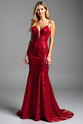 Sparkly Red Mermaid Spaghetti Straps Long Prom Dress
