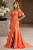 Sheath Satin Orange Off the Shoulder Prom Dress with Slit