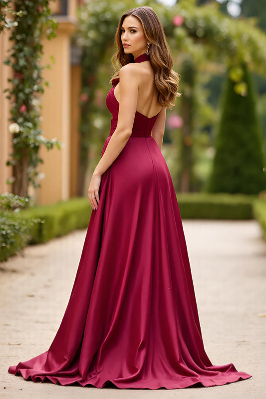 A Line Burgundy Satin Halter Prom Dress with Slit