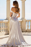A Line Metallic Silver Off the Shoulder Ruched Prom Dress with Slit