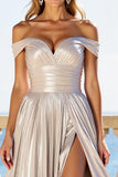 A Line Metallic Silver Off the Shoulder Ruched Prom Dress with Slit