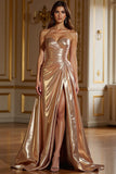 A Line Champagne Satin Strapless Prom Dress with Slit