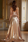 A Line Champagne Satin Strapless Prom Dress with Slit