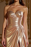 A Line Champagne Satin Strapless Prom Dress with Slit