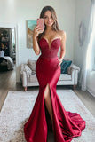 Sparkly Red Mermaid Satin Strapless Prom Dress with Slit