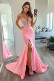 Pink Mermaid Satin Spaghetti Straps Long Prom Dress with Slit