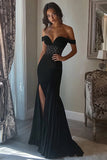 Sparkly Black Mermaid Off the Shoulder Long Prom Dress with Slit