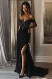 Sparkly Black Off the Shoulder Beaded Long Prom Dress with Slit