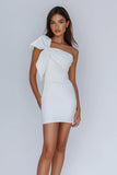 White Sheath Satin One Shoulder Short Graduation Dress with Bow