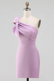 White Sheath Satin One Shoulder Short Graduation Dress with Bow