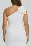 Plus Size White Sheath Satin One Shoulder Short Graduation Dress with Bow