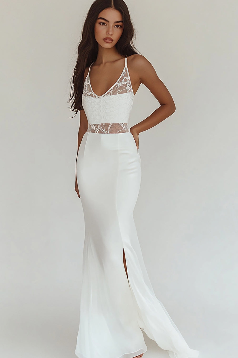 Mermaid White Satin V-Neck Rehearsal Dinner Dress with Slit
