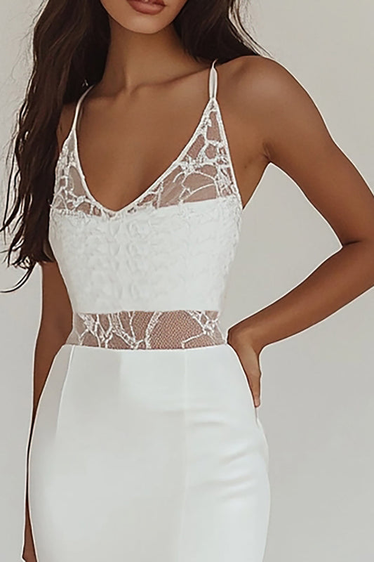 Mermaid White Satin V-Neck Rehearsal Dinner Dress with Slit