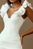 Sheath White Satin V-Neck Mini Graduation Dress with Ruffles