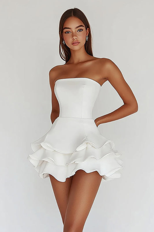 White A Line Satin Square Neck Short Graduation Dress Strapless Ruffled Backless Little White Dress