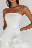 Satin White A Line Square Neck Graduation Dress with Ruffles