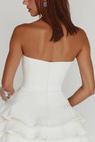 Satin White A Line Square Neck Graduation Dress with Ruffles