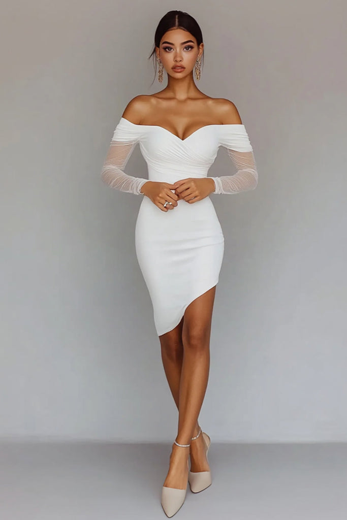 ZAPAKASA Women White Satin Bodycon Sheath Asymmetrical Graduation Dress