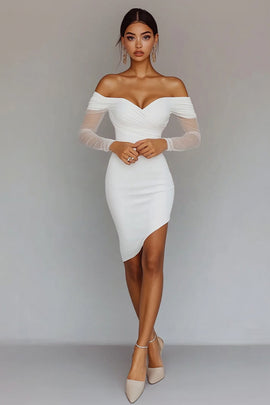 White Satin Bodycon Sheath Asymmetrical Graduation Dress Off the Shoulder Long Sleeves Little White Dress
