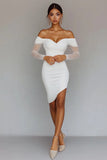 White Satin Bodycon Sheath Asymmetrical Graduation Dress Off the Shoulder Long Sleeves Little White Dress