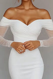 White Satin Bodycon Sheath Graduation Dress with Sleeves