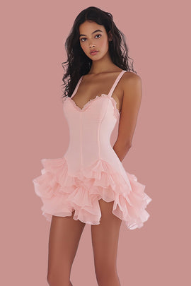Pink A Line Backless Mini Graduation Dress with Ruffles