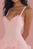 Pink A Line Backless Mini Graduation Dress with Ruffles
