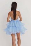 Sky Blue Tiered A Line Halter Mini Backless Graduation Dress