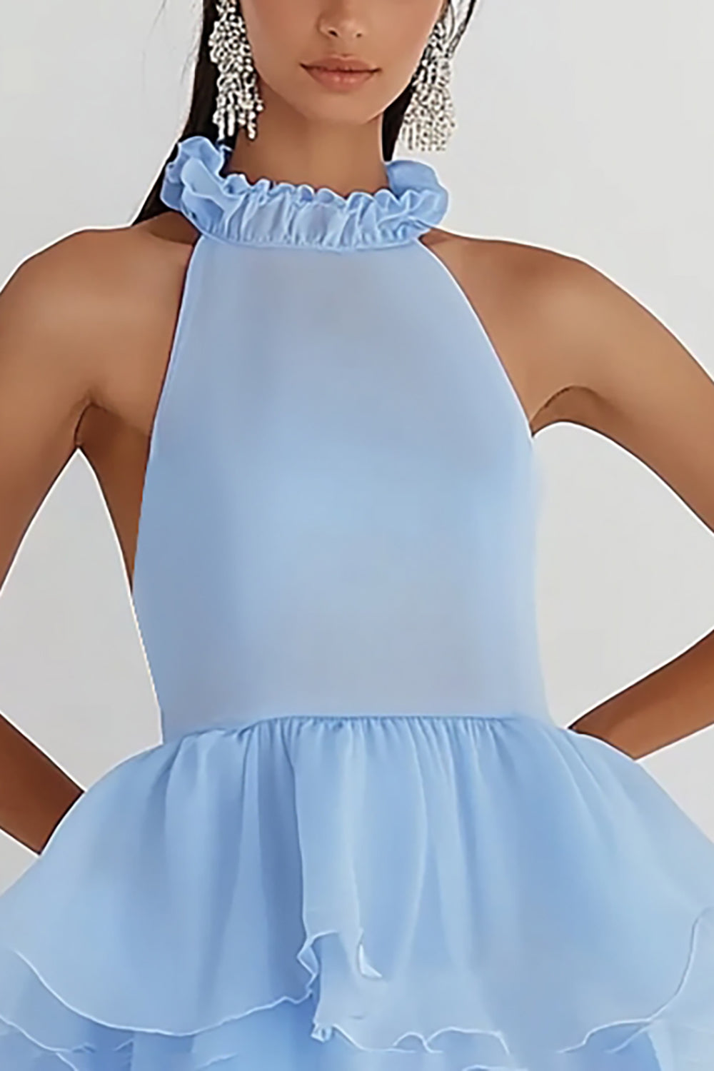 Sky Blue Tiered A Line Halter Mini Backless Graduation Dress