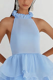 Sky Blue Tiered A Line Halter Mini Backless Graduation Dress