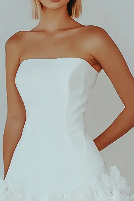 White Satin Square Neck Graduation Dress with Ruffles