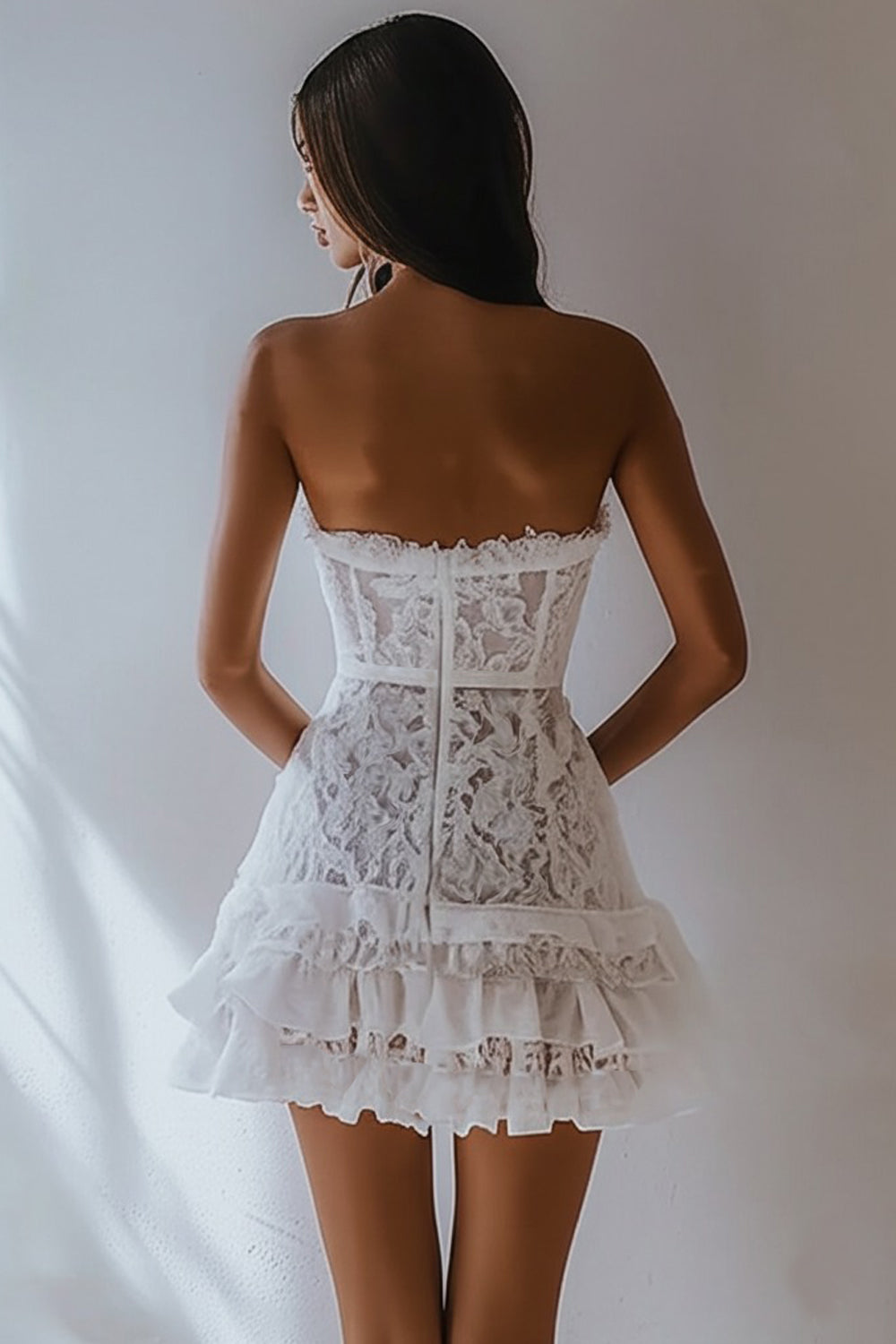 lace white strapless dress ZAPAKASA Women White A Line Lace Mini Graduation Dress Ruffled Appliqued Strapless Sweetheart Bridal Shower Dress