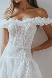 A Line White Off the Shoulder Graduation Dress with Lace Appliques