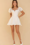 A Line White Satin Lace Graduation Dress with Short Sleeves