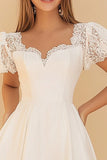 A Line White Satin Lace Graduation Dress with Short Sleeves