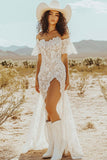 White Off the Shoulder Lace Mermaid Boho Maxi Wedding Dress with Slit