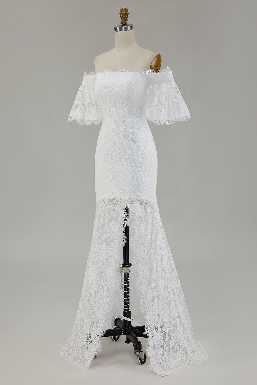 White Off the Shoulder Lace Mermaid Boho Maxi Wedding Dress with Slit